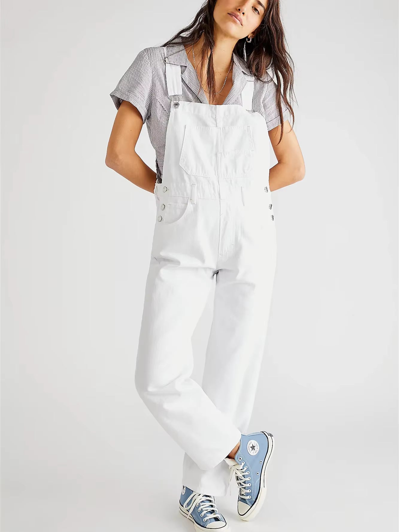 Combinaison en jean à la mode pour femme, coupe ample, bavette classique, jean décontracté, combinaison en jean extensible, jambe fuselée, pantalon en jean